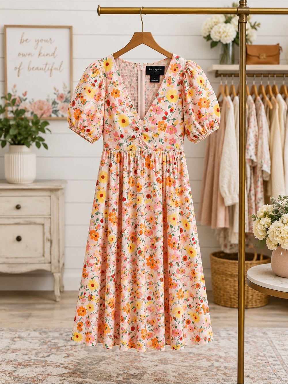 NWT Kate Spade New York Strawberry Garden Floral Midi Dress Size 6 Puff Sleeve